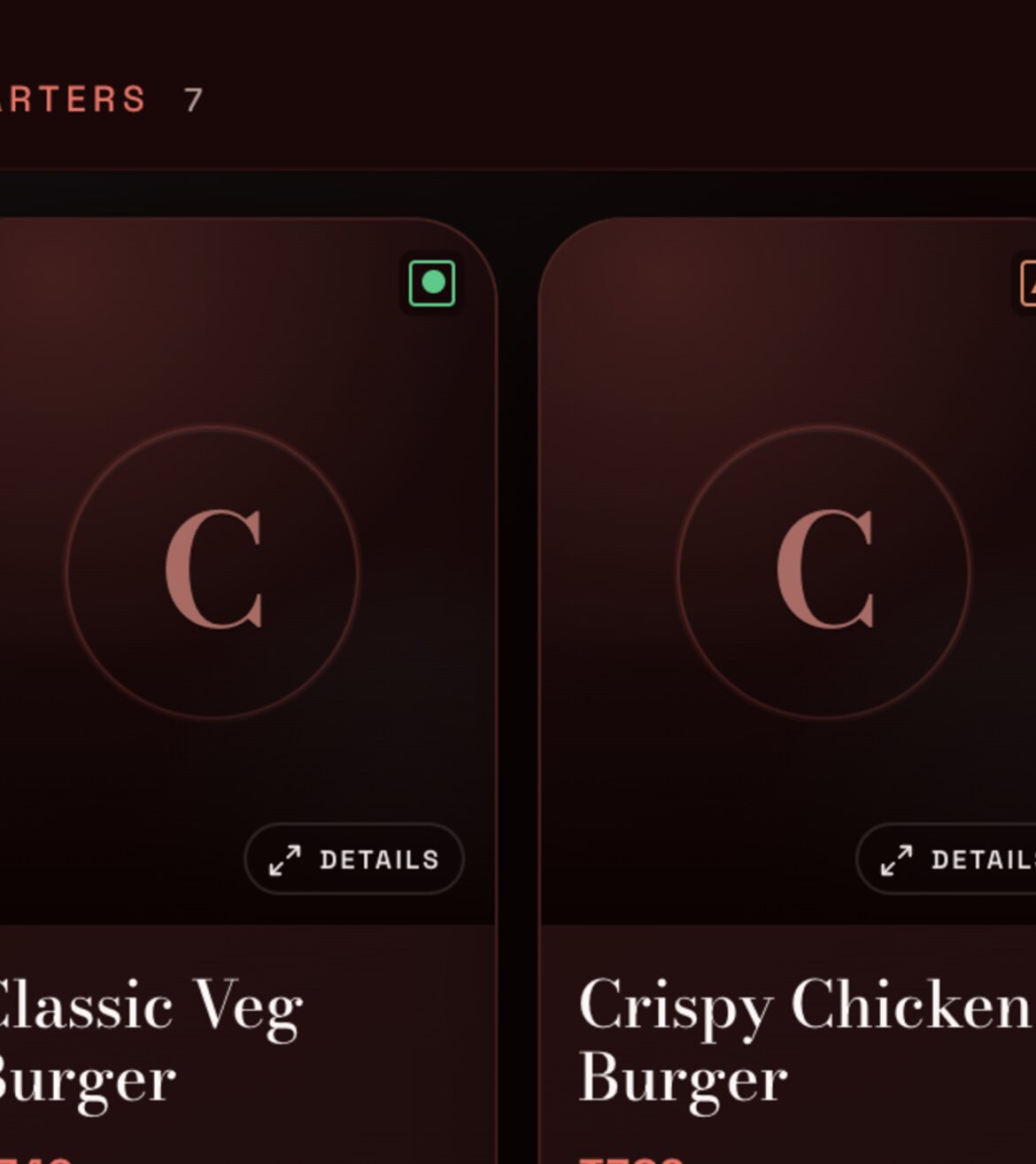 The Edible Factor menu at Ninan's Steakhouse: dishes on velvet cards, each with its price, shown in the app.