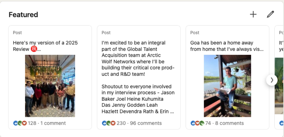 Recent featured posts on Nikhil's LinkedIn: a 2025 year-in-review, joining Arctic Wolf, and Goa as a second home