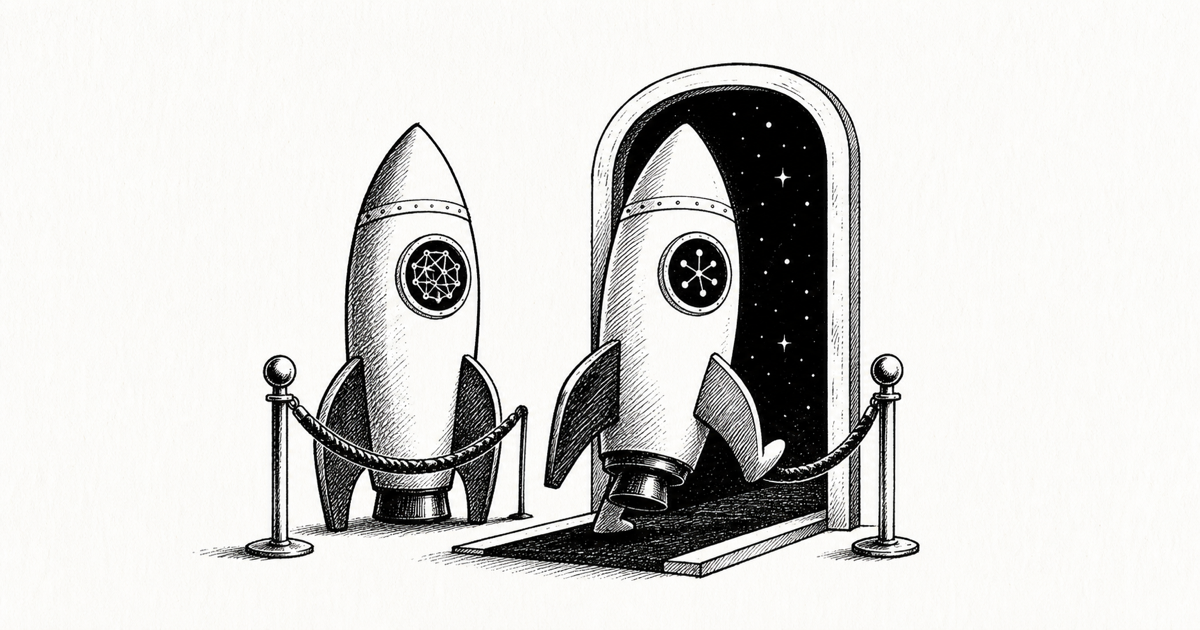 Black-and-white editorial drawing of two frontier AI rockets at a velvet rope