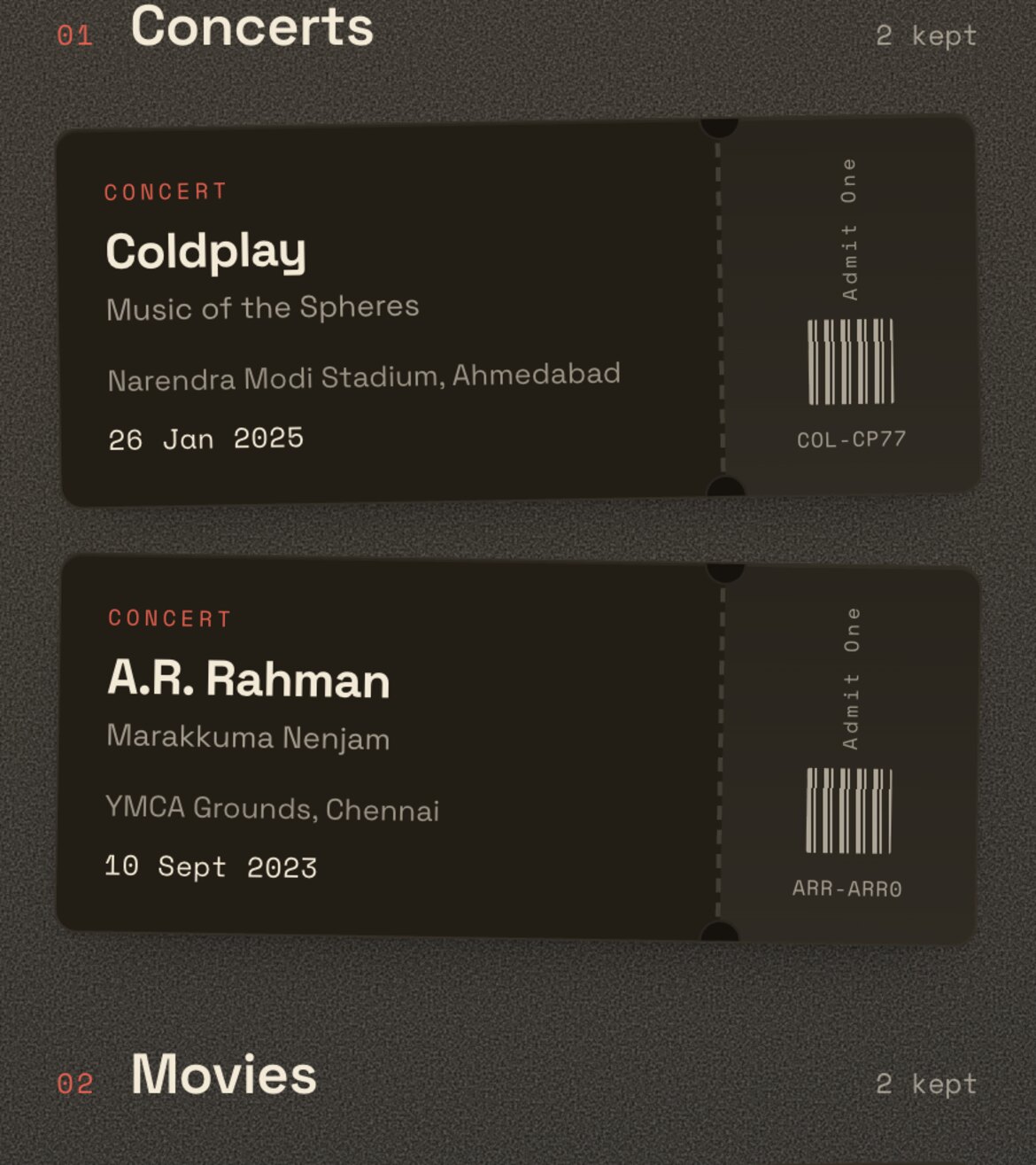 Remember., a shelf of collected concert ticket stubs.
